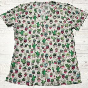 Cactus Print Scrub Top - White with Green & Pink
